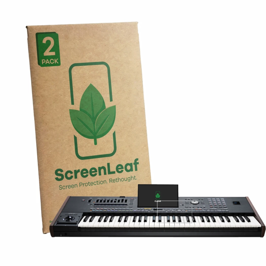 Face avant d’un emballage produit avec le logo de la marque ScreenLeaf. À côté, l’appareil KORG Pa5X est représenté avec la pr