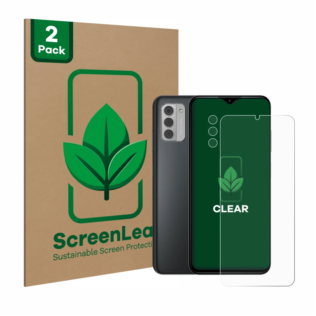 Face avant d’un emballage produit avec le logo de la marque ScreenLeaf. À côté, l’appareil Nokia G42 5G (Avant+Caméra) est rep