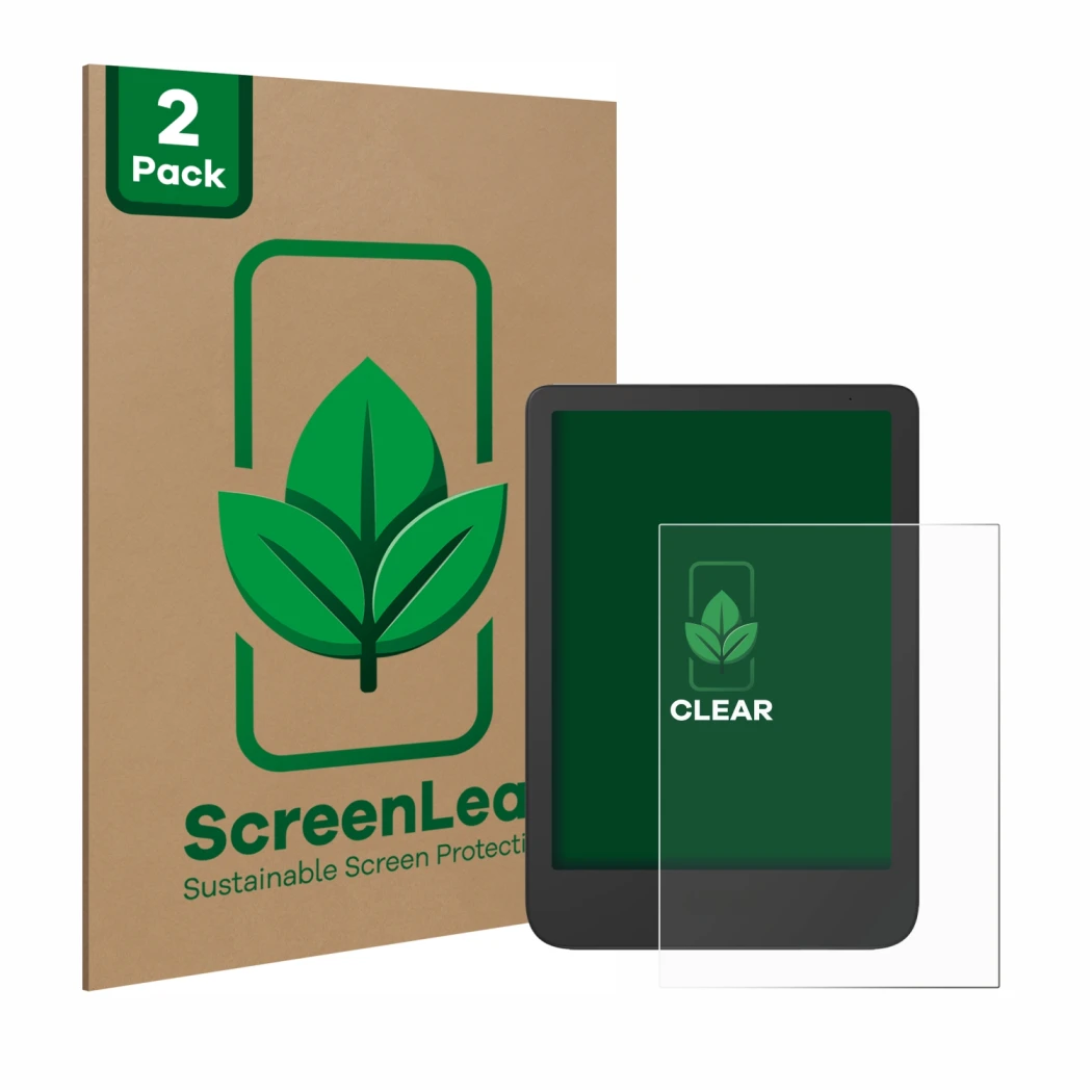 Face avant d’un emballage produit avec le logo de la marque ScreenLeaf. À côté, l’appareil Tolino Shine 5 2024 est représenté 