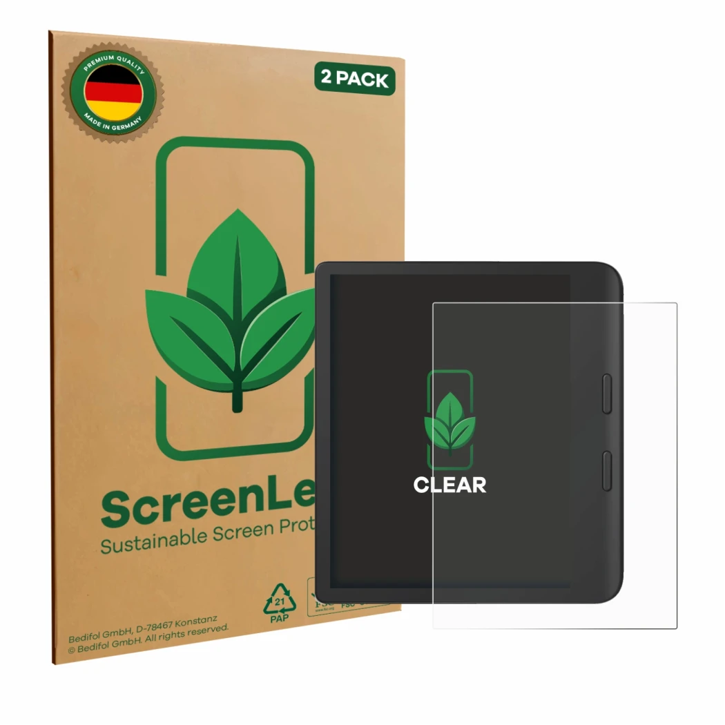 Face avant d’un emballage produit avec le logo de la marque ScreenLeaf. À côté, l’appareil Tolino Vision Color 2024 est représ