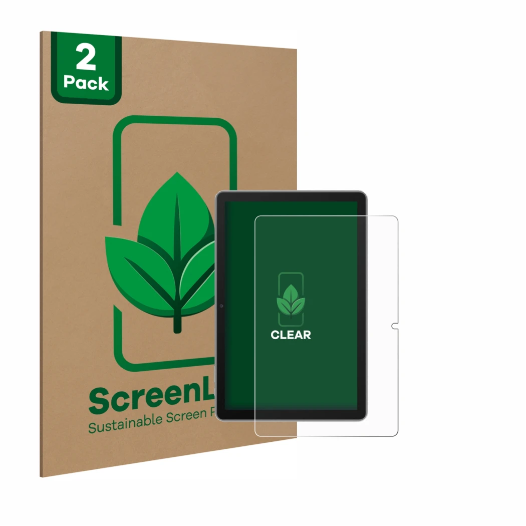Face avant d’un emballage produit avec le logo de la marque ScreenLeaf. À côté, l’appareil Blackview Tab 70 est représenté ave
