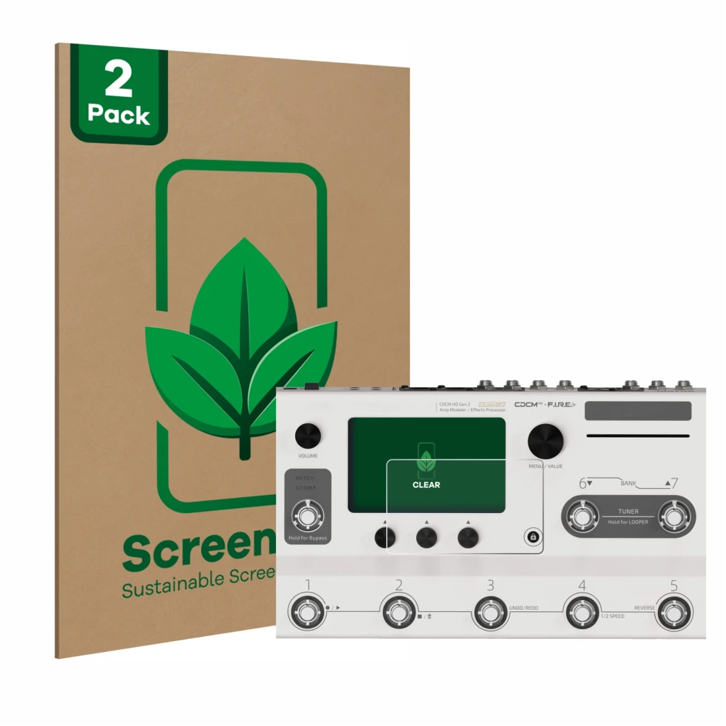 Face avant d’un emballage produit avec le logo de la marque ScreenLeaf. À côté, l’appareil Hotone Ampero II Stage est représen