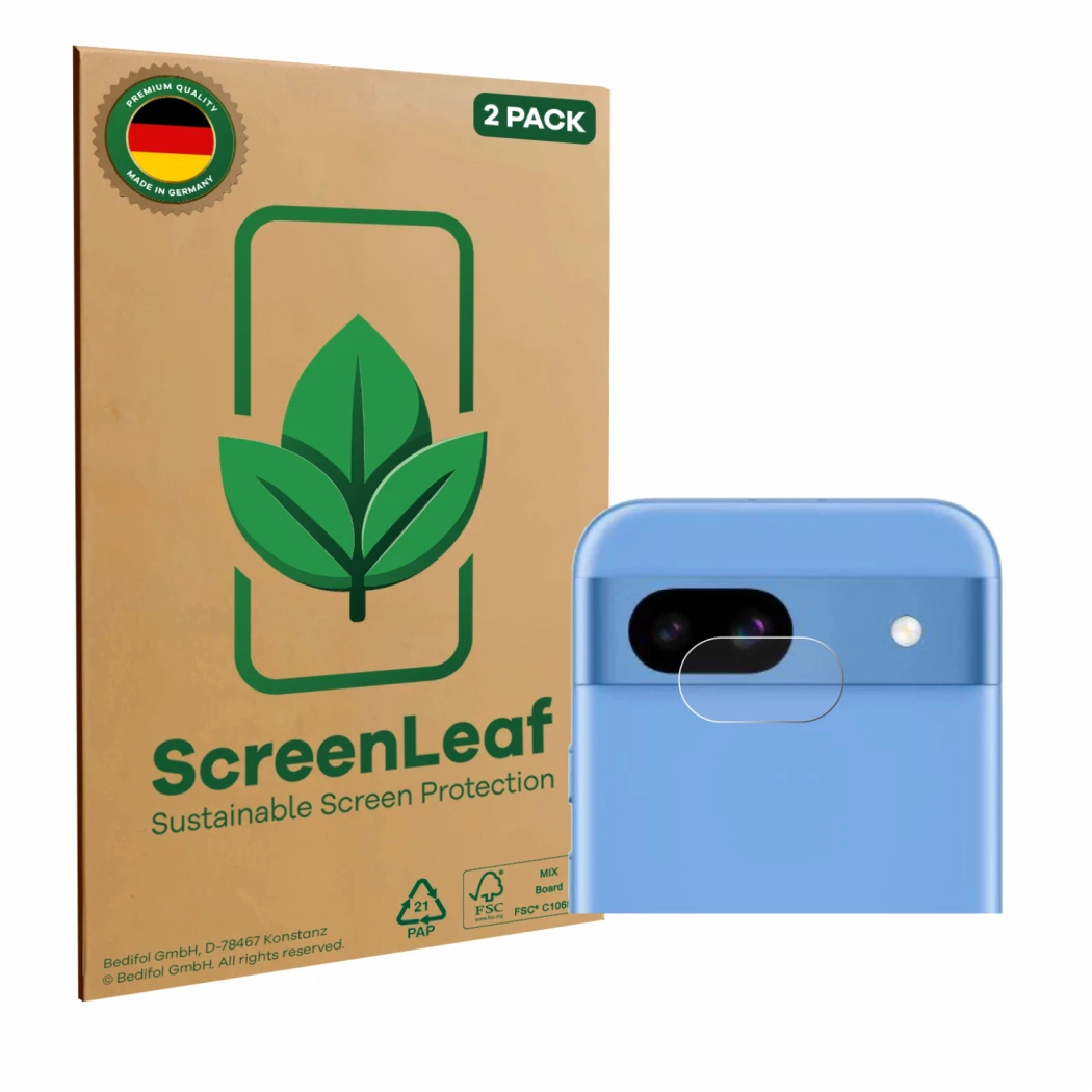 Face avant d’un emballage produit avec le logo de la marque ScreenLeaf. À côté, l’appareil Google Pixel 8a (Caméra UNIQUEMENT)