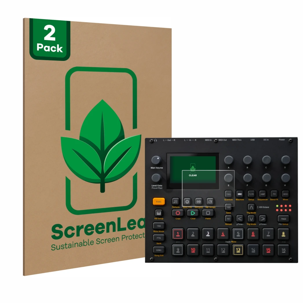 Face avant d’un emballage produit avec le logo de la marque ScreenLeaf. À côté, l’appareil Elektron Digitakt II est représenté