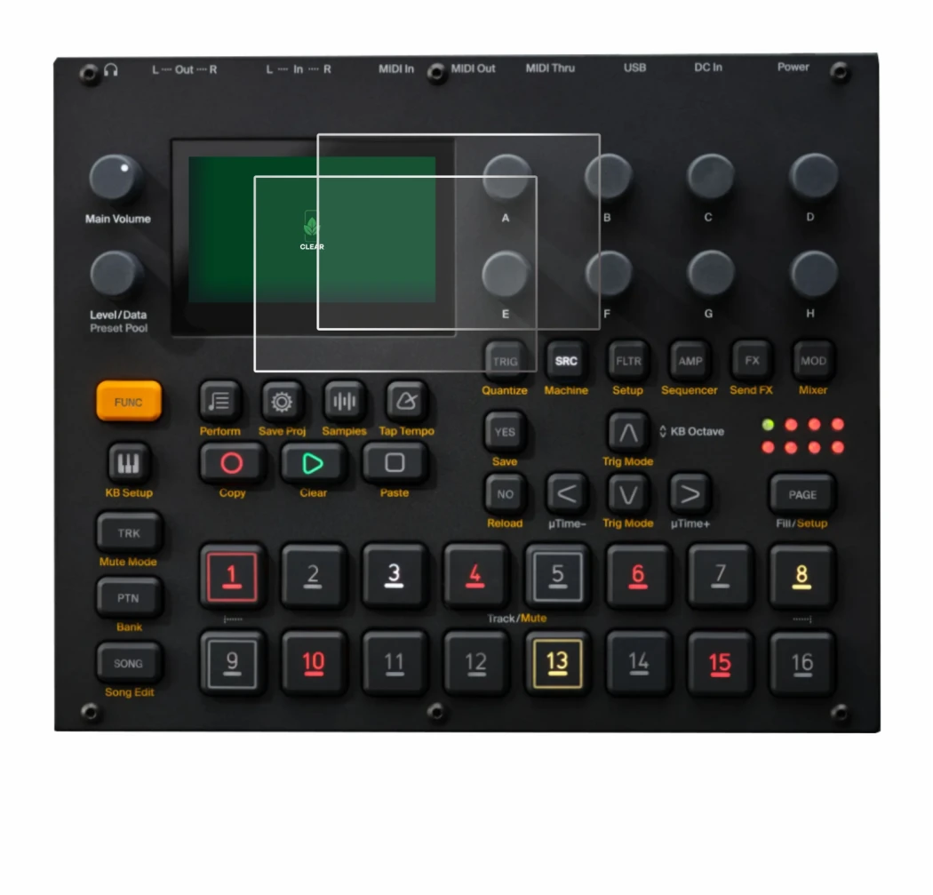 Image de l'appareil Elektron Digitakt II avec une grande variété de protections d'écran.