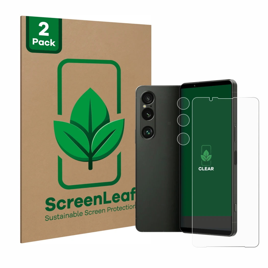 Face avant d’un emballage produit avec le logo de la marque ScreenLeaf. À côté, l’appareil Sony Xperia 1 VI (Avant+Caméra) est