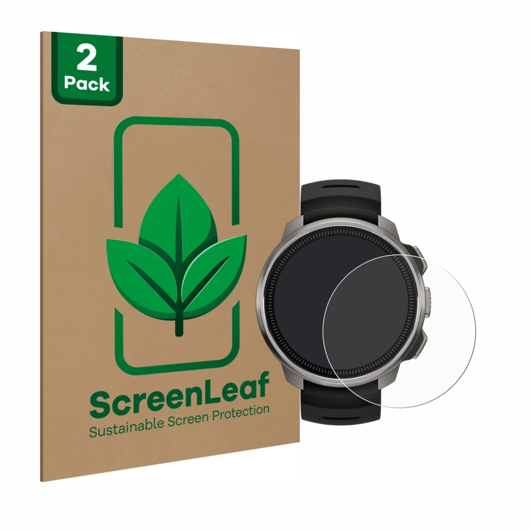 Face avant d’un emballage produit avec le logo de la marque ScreenLeaf. À côté, l’appareil Suunto Ocean est représenté avec la