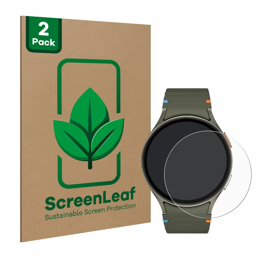 Face avant d’un emballage produit avec le logo de la marque ScreenLeaf. À côté, l’appareil Samsung Galaxy Watch 7 (44 mm) est 