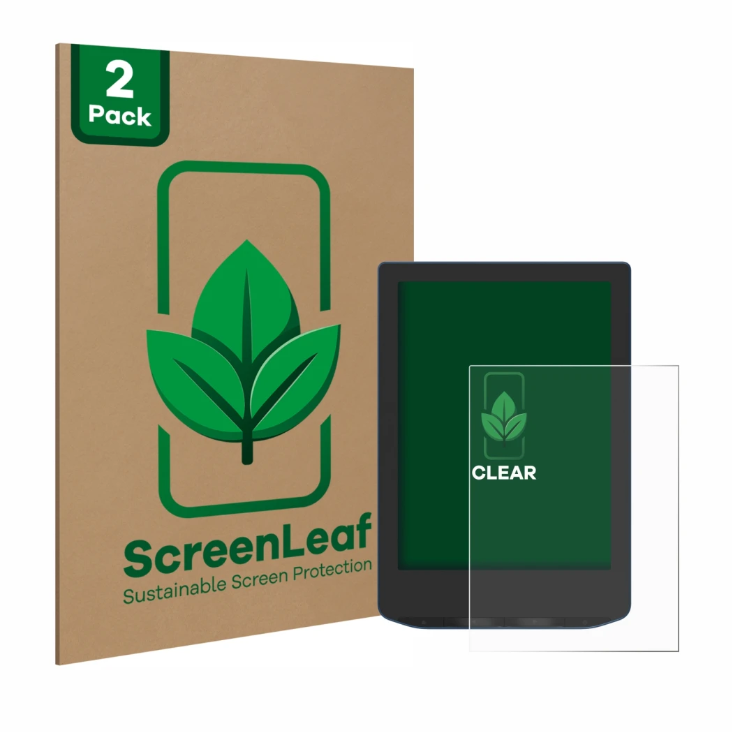 Face avant d’un emballage produit avec le logo de la marque ScreenLeaf. À côté, l’appareil PocketBook Verse Pro Color est repr