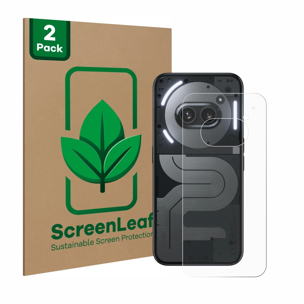 Face avant d’un emballage produit avec le logo de la marque ScreenLeaf. À côté, l’appareil Nothing Phone (2a) Plus (Arrière) e