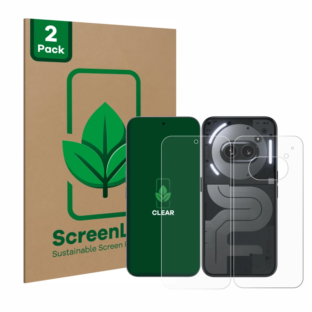 Face avant d’un emballage produit avec le logo de la marque ScreenLeaf. À côté, l’appareil Nothing Phone (2a) Plus (Avant+Arri
