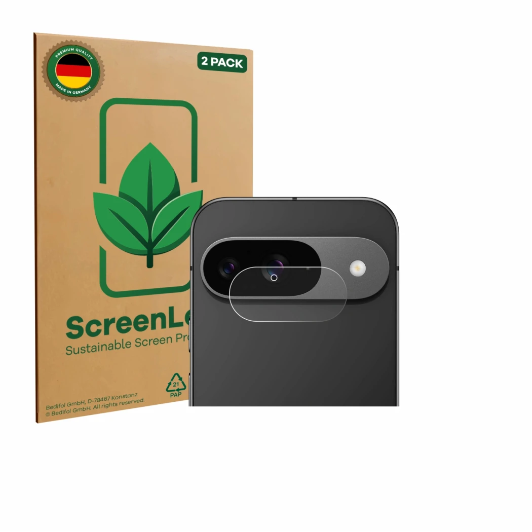 Face avant d’un emballage produit avec le logo de la marque ScreenLeaf. À côté, l’appareil Google Pixel 9 (Caméra UNIQUEMENT) 