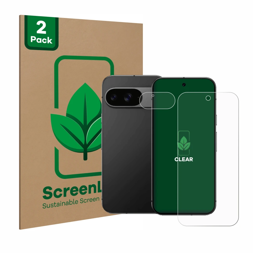 Face avant d’un emballage produit avec le logo de la marque ScreenLeaf. À côté, l’appareil Google Pixel 9 (Avant+Caméra) est r