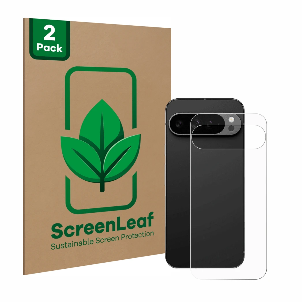 Face avant d’un emballage produit avec le logo de la marque ScreenLeaf. À côté, l’appareil Google Pixel 9 Pro XL (Arrière) est