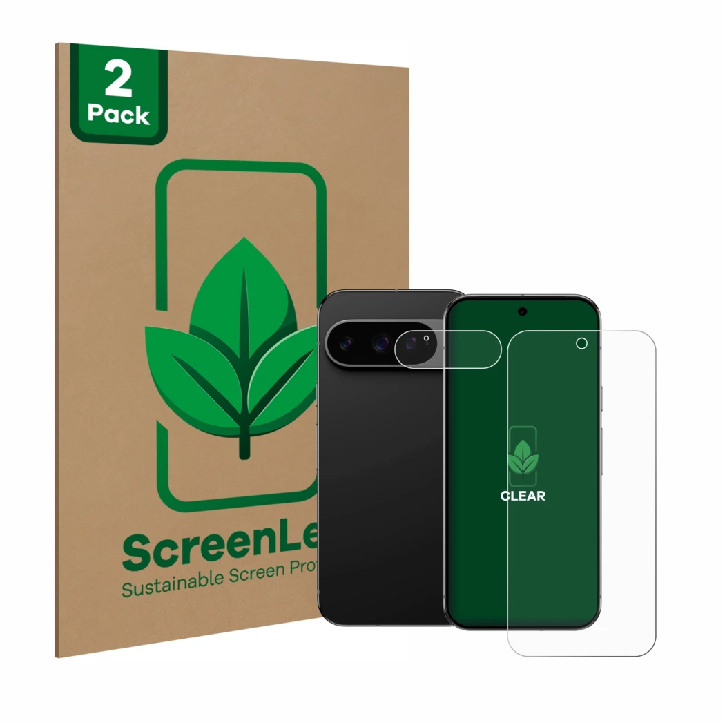Face avant d’un emballage produit avec le logo de la marque ScreenLeaf. À côté, l’appareil Google Pixel 9 Pro XL (Avant+Caméra