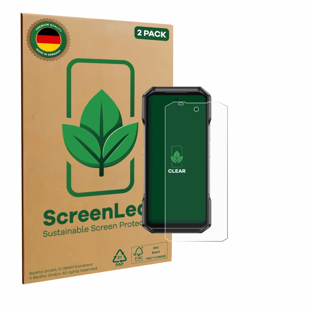 Face avant d’un emballage produit avec le logo de la marque ScreenLeaf. À côté, l’appareil Ulefone Armor 27T Pro est représent