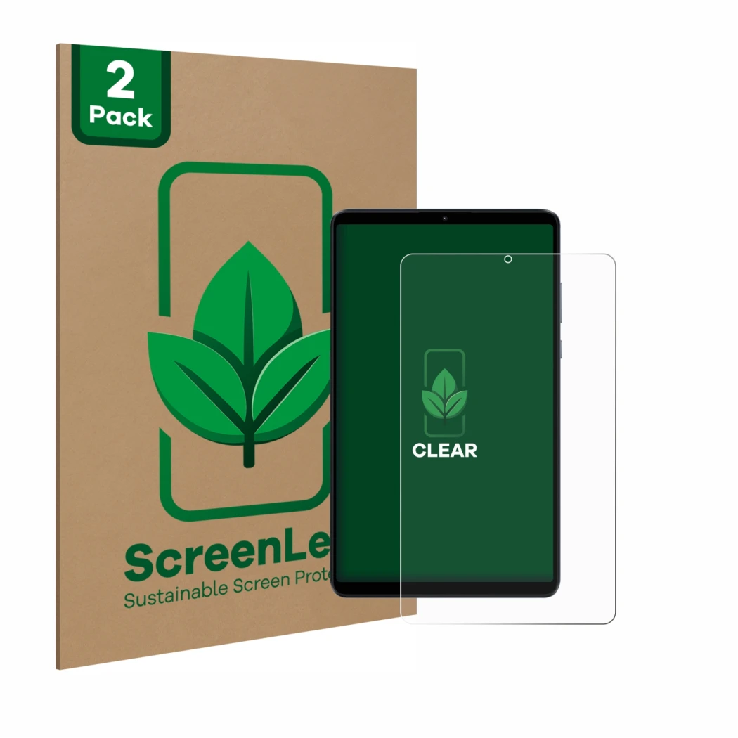Face avant d’un emballage produit avec le logo de la marque ScreenLeaf. À côté, l’appareil Xiaomi Redmi Pad SE 8.7 est représe