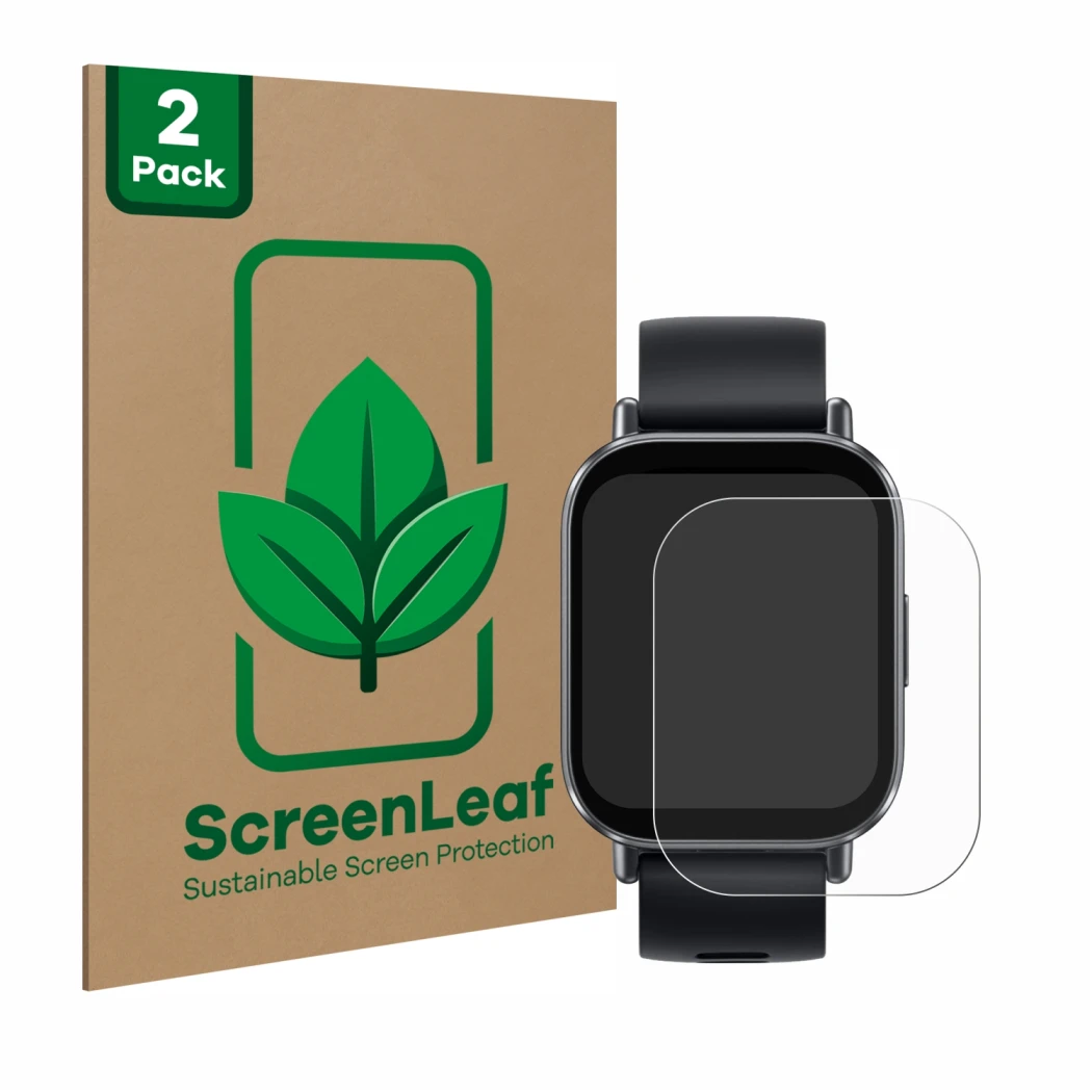 Face avant d’un emballage produit avec le logo de la marque ScreenLeaf. À côté, l’appareil Xiaomi Redmi Watch 5 Active est rep