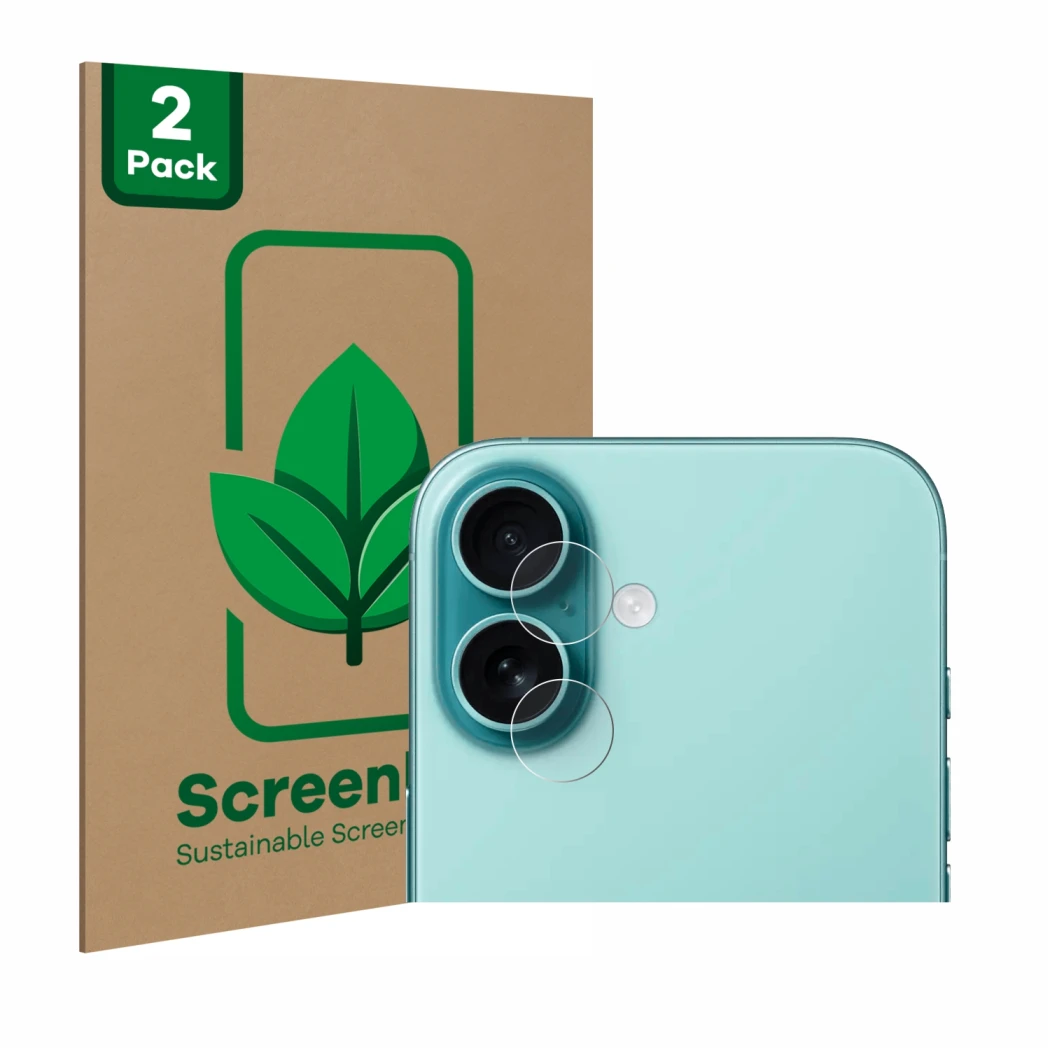 Face avant d’un emballage produit avec le logo de la marque ScreenLeaf. À côté, l’appareil Apple iPhone 16 (Caméra UNIQUEMENT)