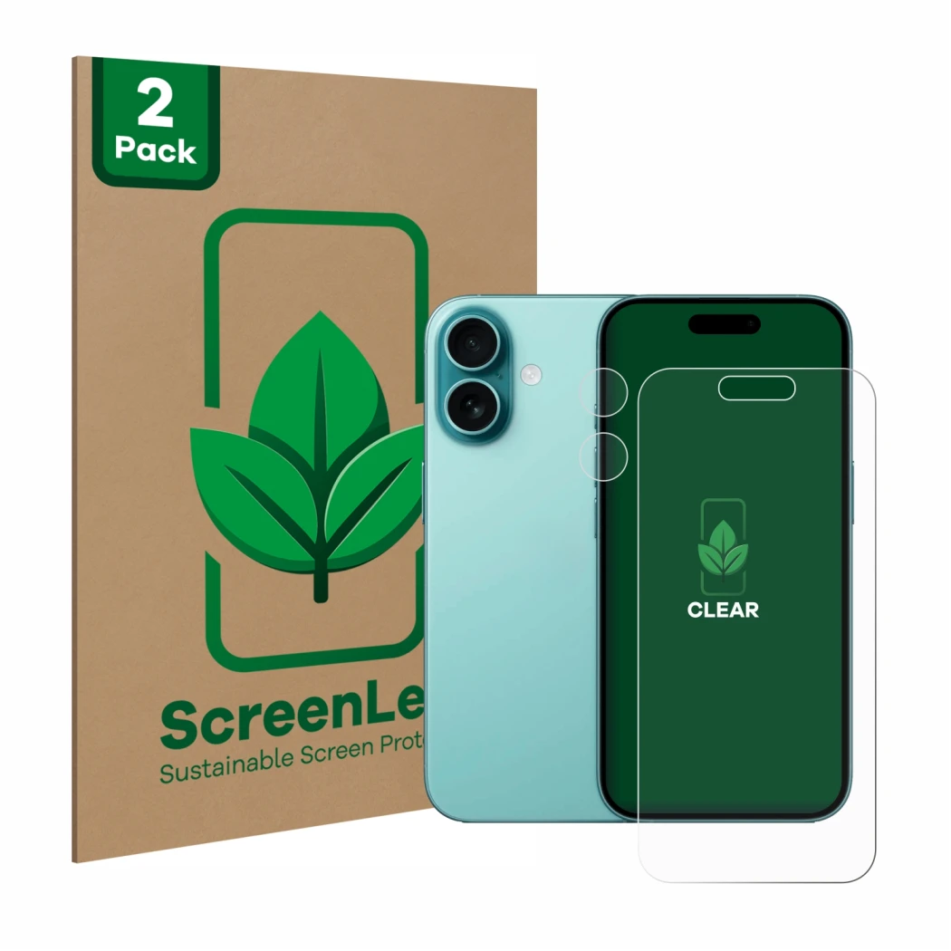 Face avant d’un emballage produit avec le logo de la marque ScreenLeaf. À côté, l’appareil Apple iPhone 16 (Avant+Caméra) est 