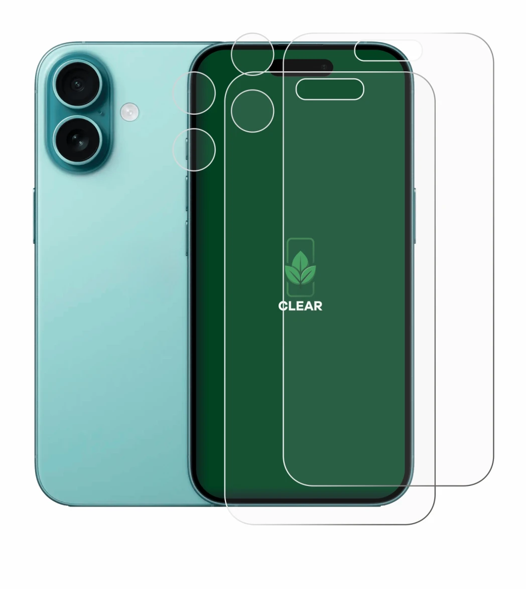Image de l'appareil Apple iPhone 16 (Avant+Caméra) avec une grande variété de protections d'écran.