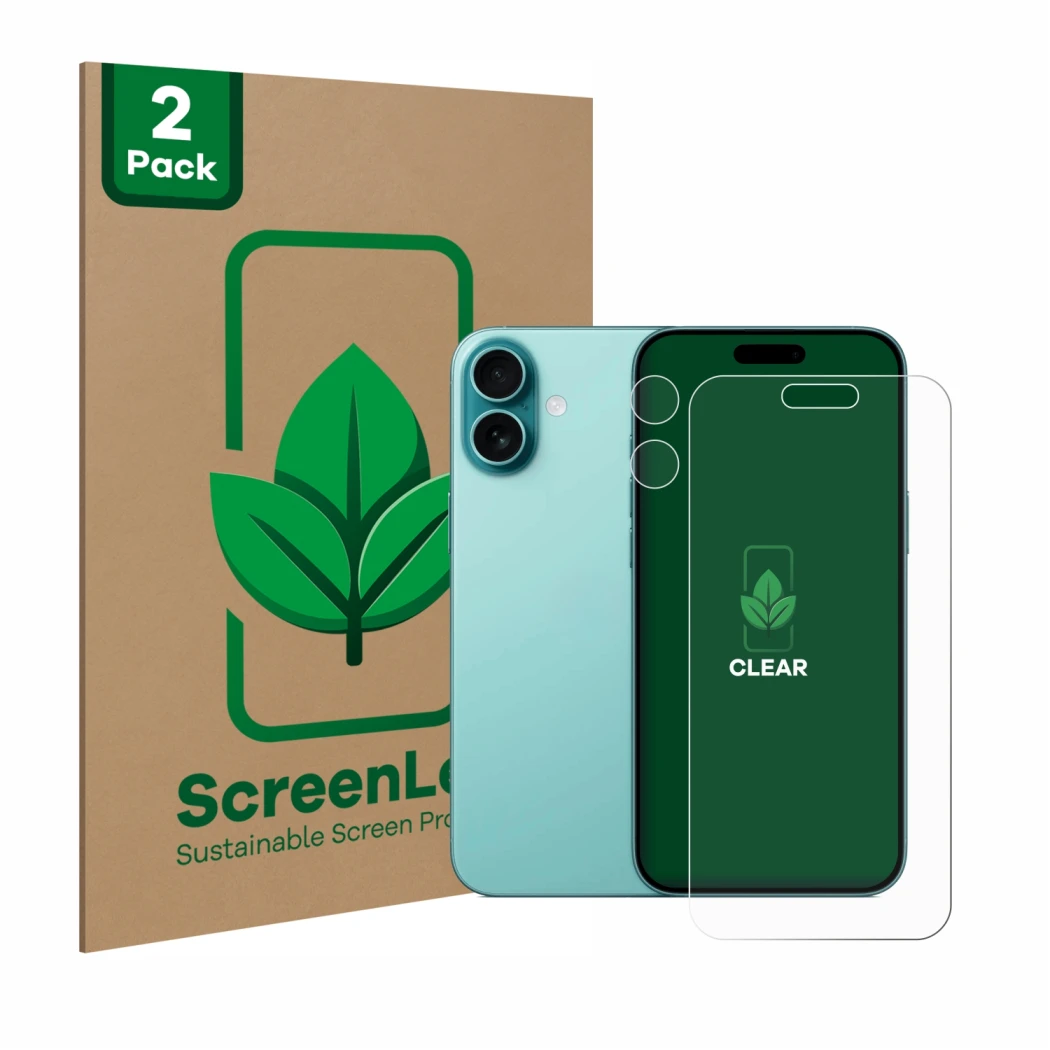 Face avant d’un emballage produit avec le logo de la marque ScreenLeaf. À côté, l’appareil Apple iPhone 16 Plus (Avant+Caméra)
