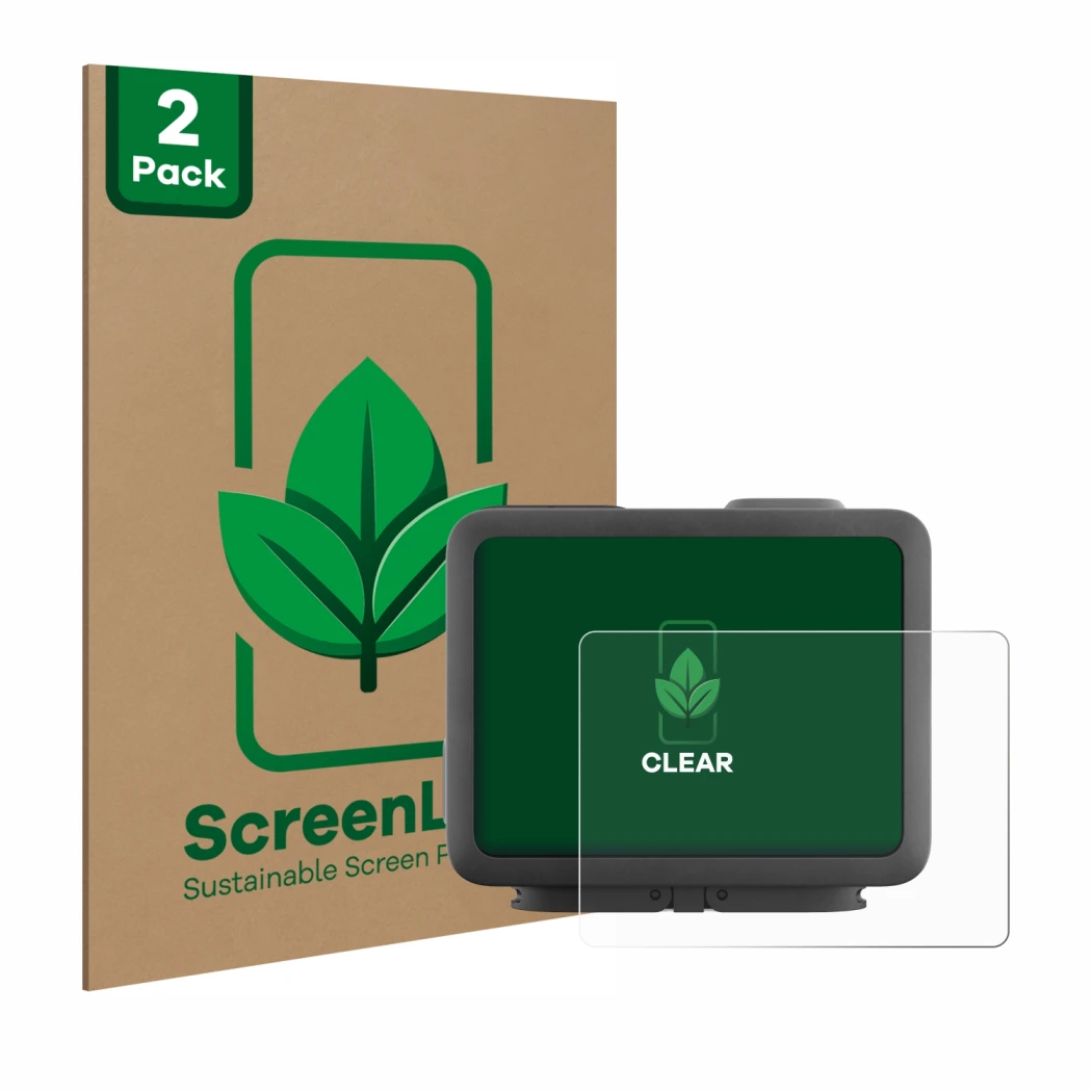 Face avant d’un emballage produit avec le logo de la marque ScreenLeaf. À côté, l’appareil GoPro Hero 4k est représenté avec l