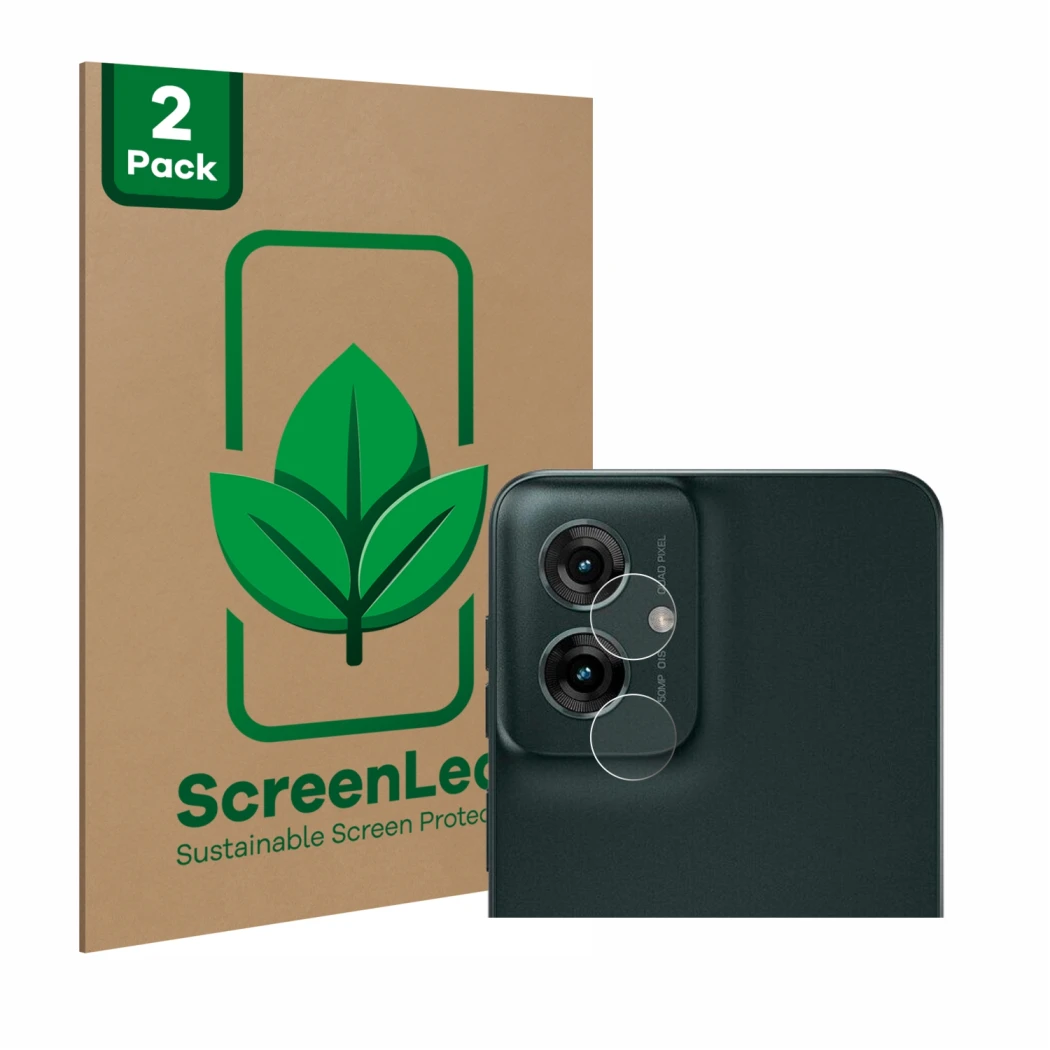 Face avant d’un emballage produit avec le logo de la marque ScreenLeaf. À côté, l’appareil Motorola Moto G55 (Caméra UNIQUEMEN