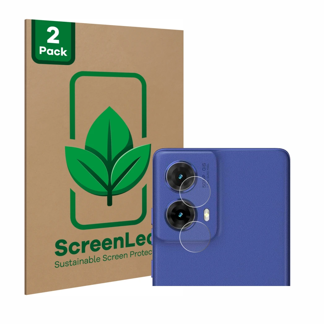 Face avant d’un emballage produit avec le logo de la marque ScreenLeaf. À côté, l’appareil Motorola Moto G85 (Caméra UNIQUEMEN