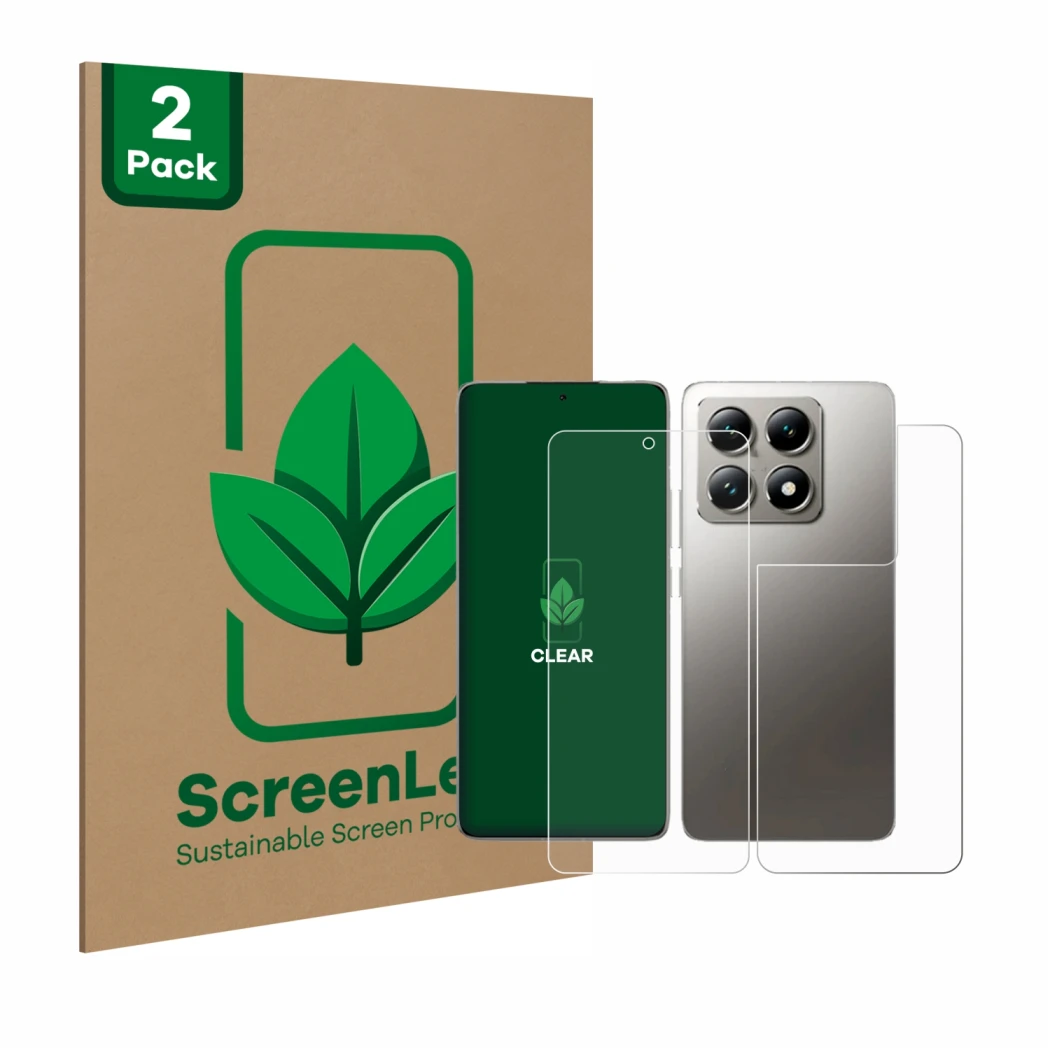 Face avant d’un emballage produit avec le logo de la marque ScreenLeaf. À côté, l’appareil Xiaomi 14T Pro (Avant+Arrière) est 