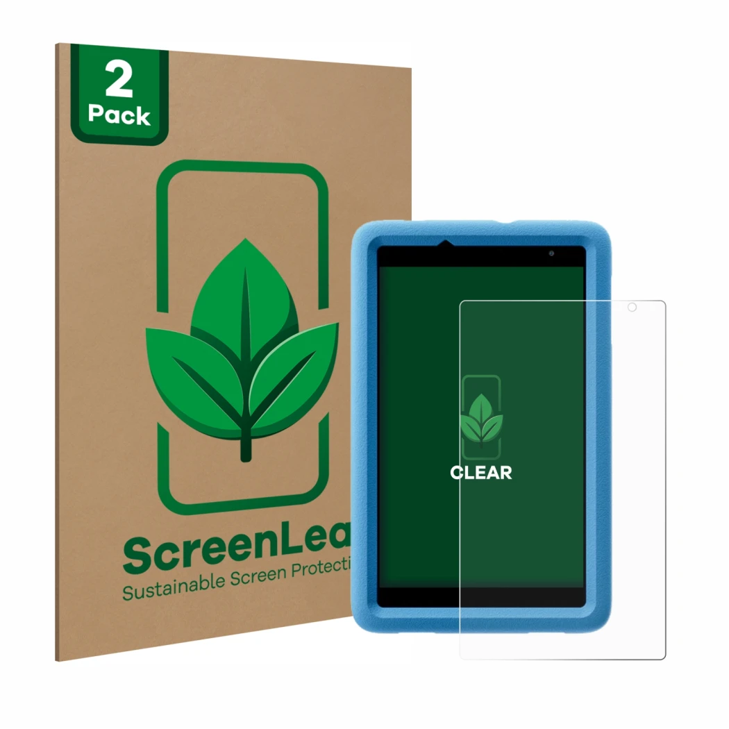Face avant d’un emballage produit avec le logo de la marque ScreenLeaf. À côté, l’appareil Blackview Tab A5 Kids est représent