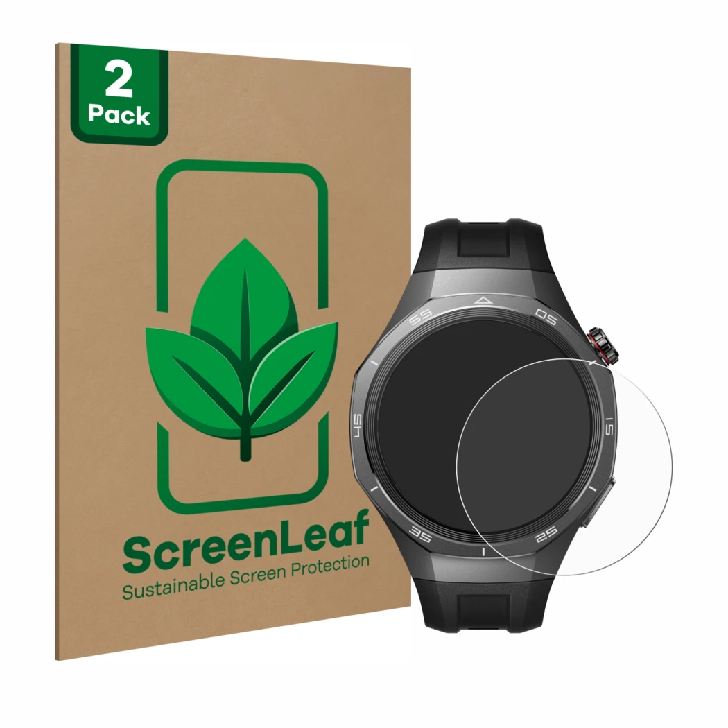 Face avant d’un emballage produit avec le logo de la marque ScreenLeaf. À côté, l’appareil Huawei Watch GT 5 Pro (46 mm) est r