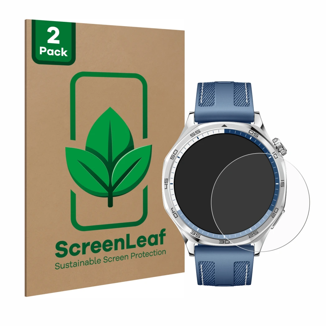Face avant d’un emballage produit avec le logo de la marque ScreenLeaf. À côté, l’appareil Huawei Watch GT 5 (46 mm) est repré