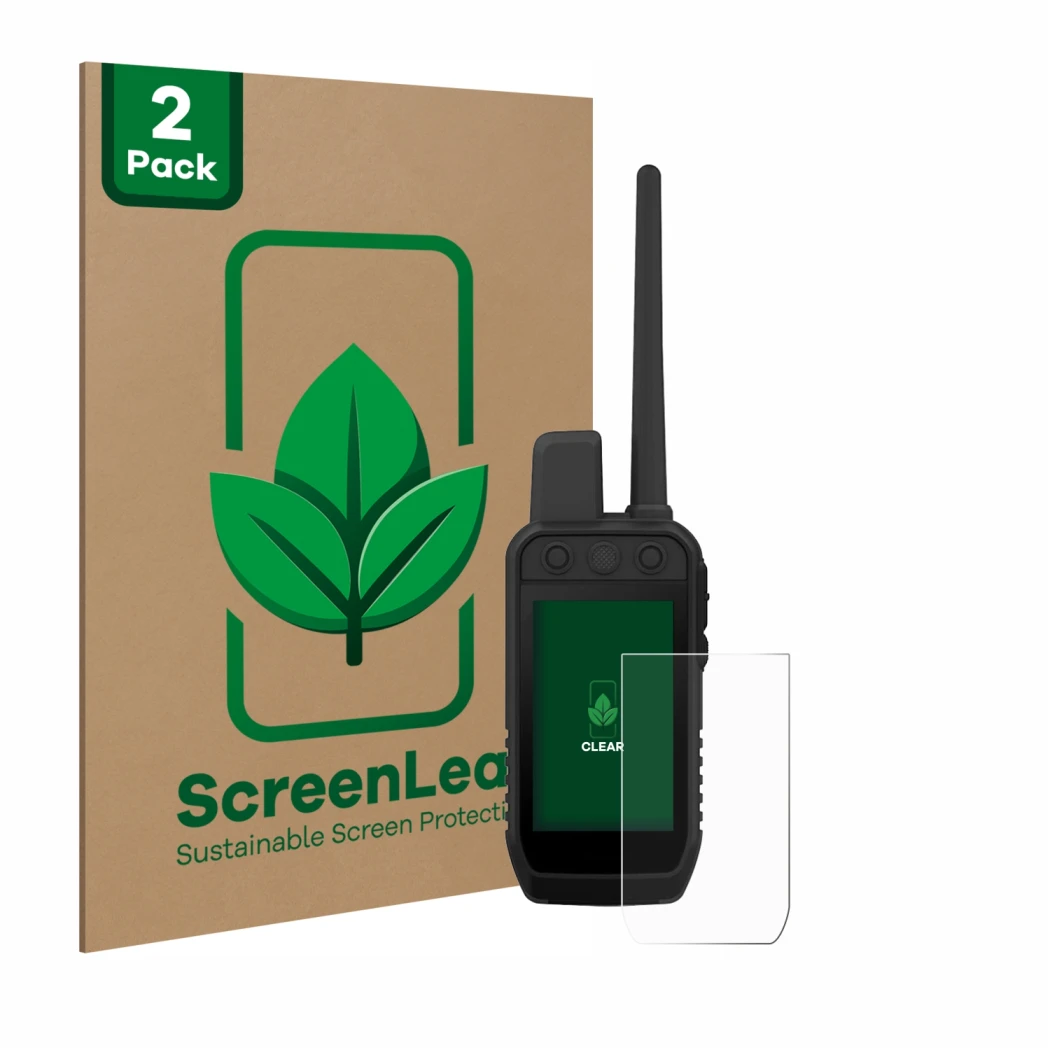 Face avant d’un emballage produit avec le logo de la marque ScreenLeaf. À côté, l’appareil Garmin Alpha 300 K est représenté a