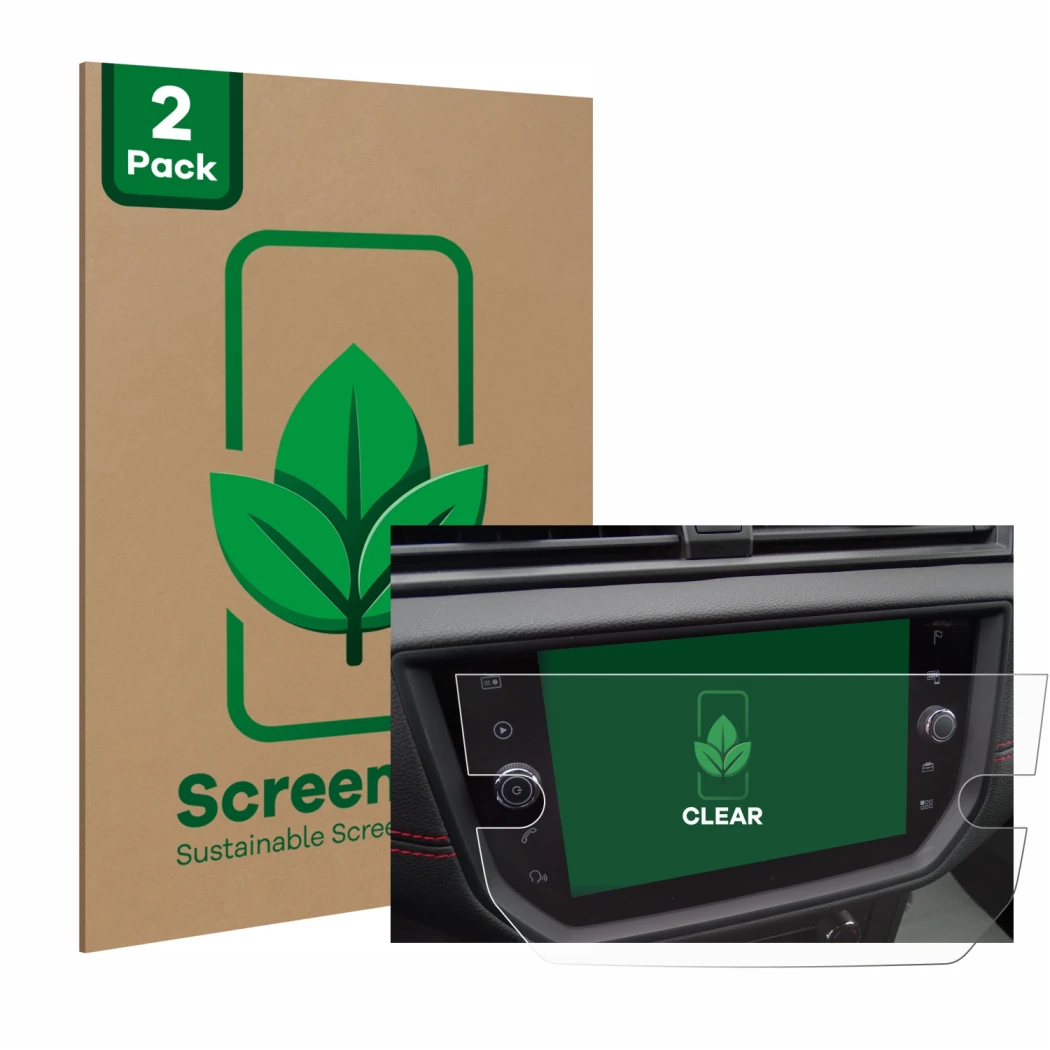 Face avant d’un emballage produit avec le logo de la marque ScreenLeaf. À côté, l’appareil Seat Arona FR Stereo BJ 2019 est re