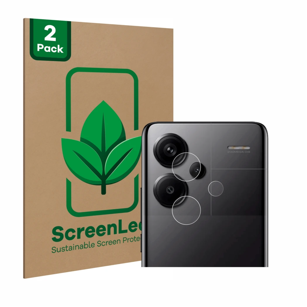 Face avant d’un emballage produit avec le logo de la marque ScreenLeaf. À côté, l’appareil Xiaomi Redmi Note 13 Pro+ 5G (Camér