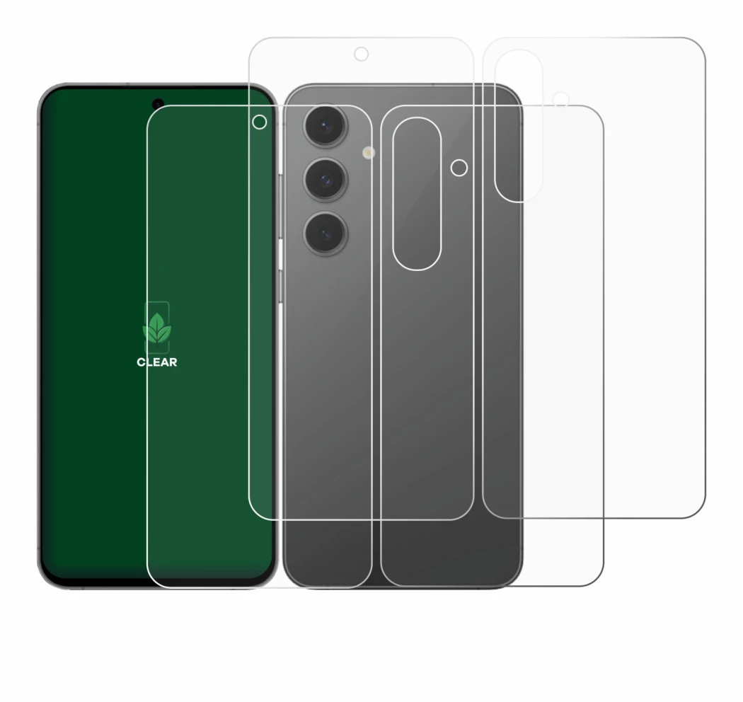 Image de l'appareil Samsung Galaxy S24 FE (Avant+Arrière) avec une grande variété de protections d'écran.