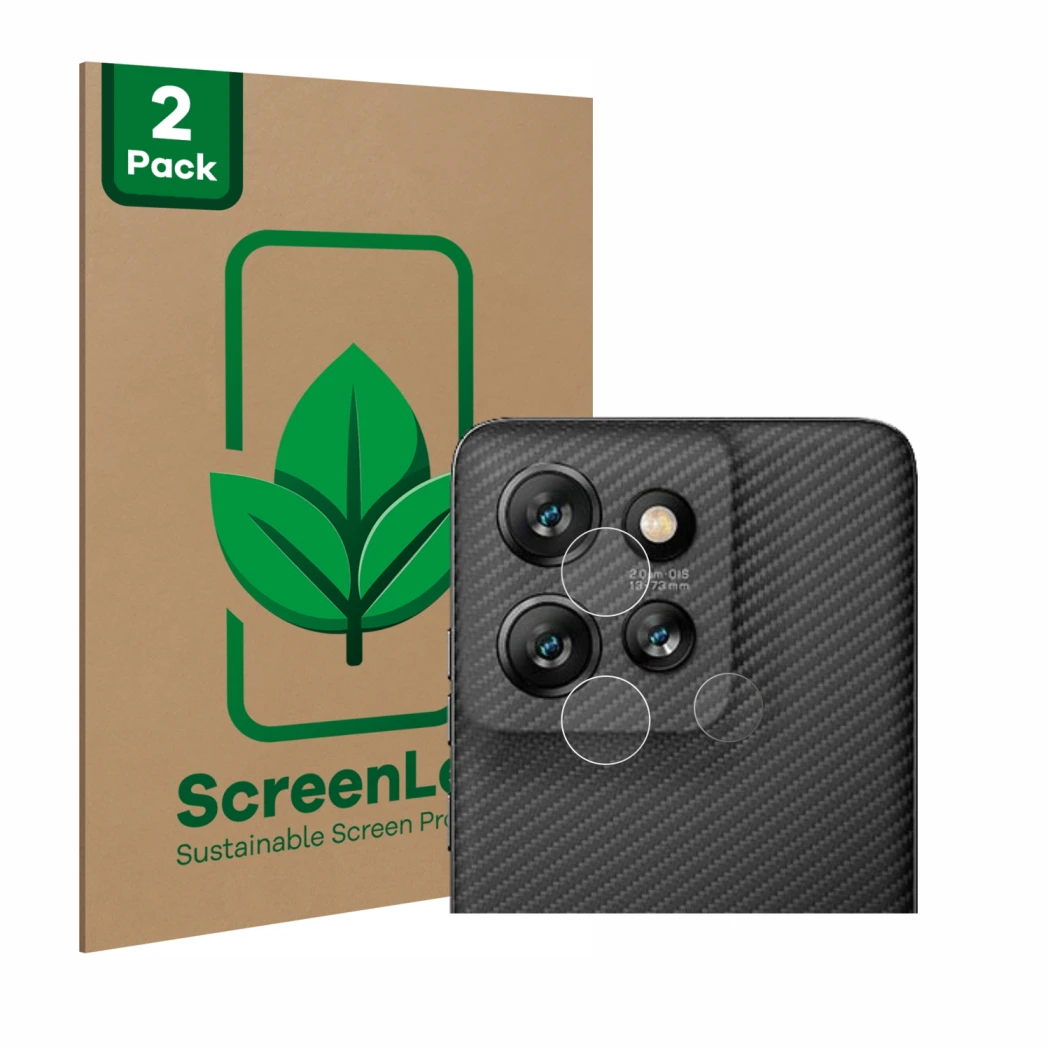 Face avant d’un emballage produit avec le logo de la marque ScreenLeaf. À côté, l’appareil Motorola ThinkPhone 25 (Caméra UNIQ