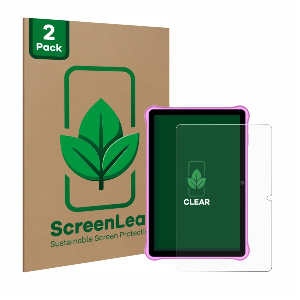 Face avant d’un emballage produit avec le logo de la marque ScreenLeaf. À côté, l’appareil Blackview Tab A7 Kids est représent