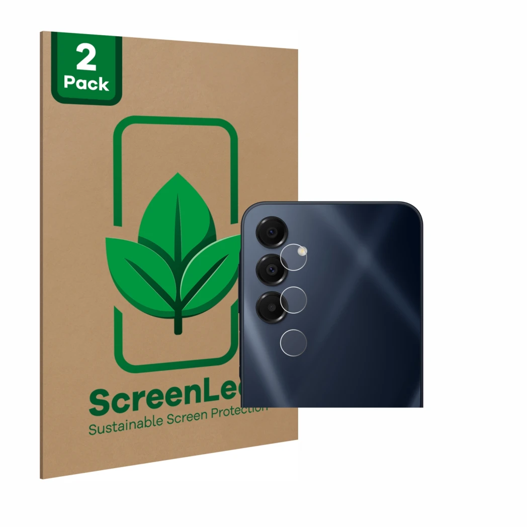 Face avant d’un emballage produit avec le logo de la marque ScreenLeaf. À côté, l’appareil Samsung Galaxy A16 5G (Caméra UNIQU
