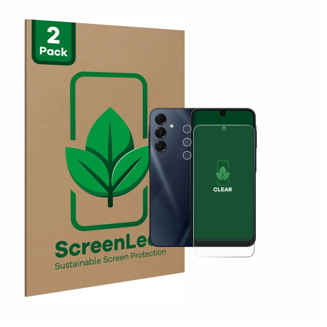 Face avant d’un emballage produit avec le logo de la marque ScreenLeaf. À côté, l’appareil Samsung Galaxy A16 5G (Avant+Caméra