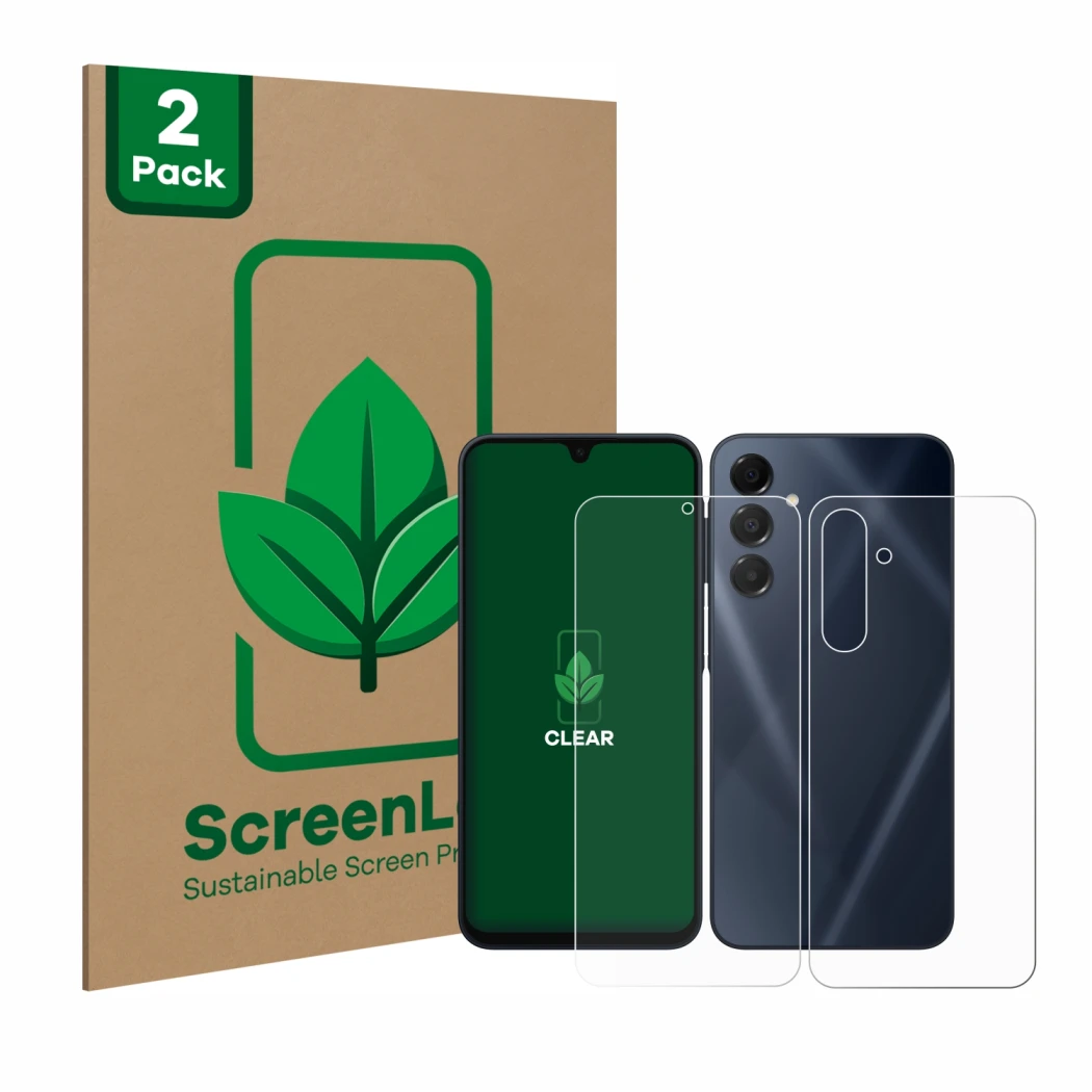 Face avant d’un emballage produit avec le logo de la marque ScreenLeaf. À côté, l’appareil Samsung Galaxy A16 5G (Avant+Arrièr