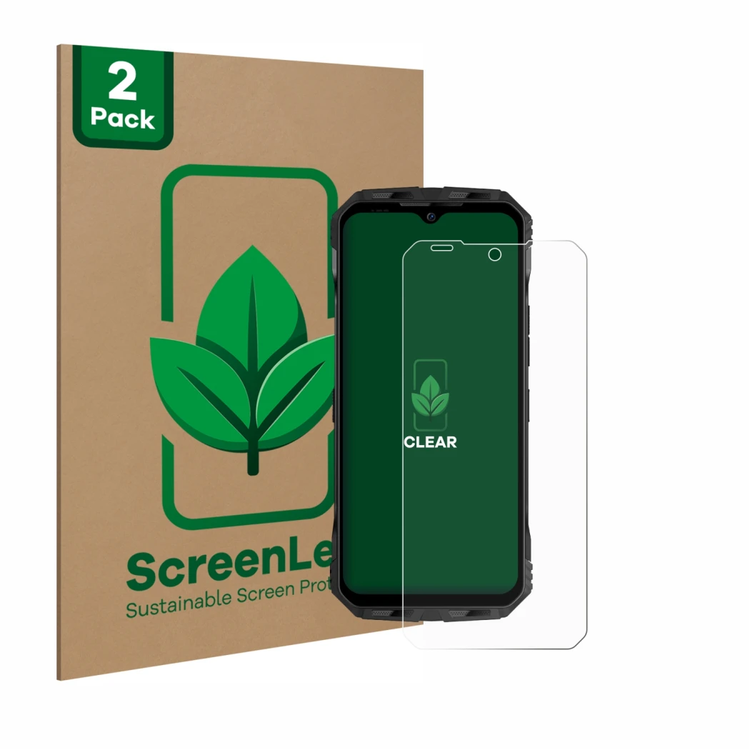 Face avant d’un emballage produit avec le logo de la marque ScreenLeaf. À côté, l’appareil Doogee V Max Plus est représenté av