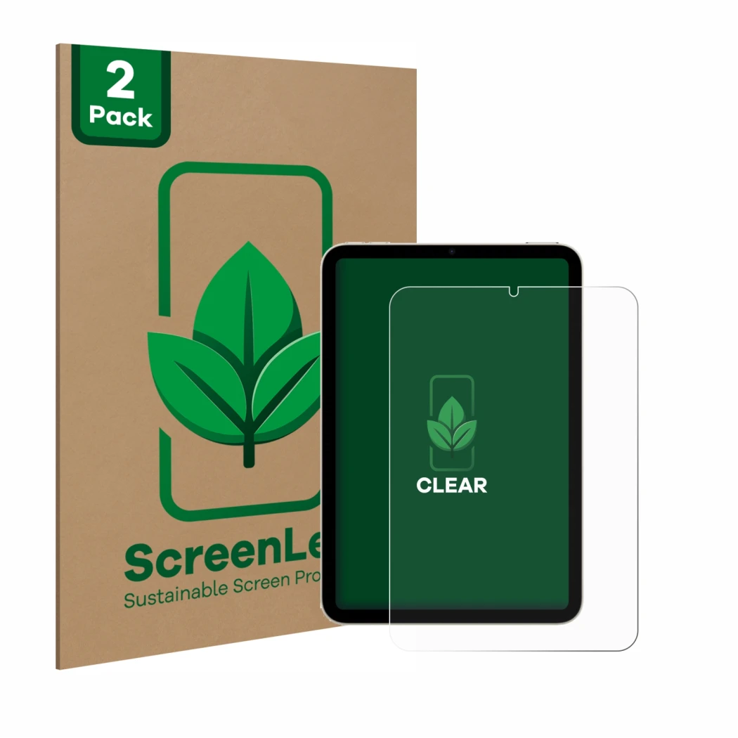 Face avant d’un emballage produit avec le logo de la marque ScreenLeaf. À côté, l’appareil Apple iPad Mini 7 WiFi 2024 est rep