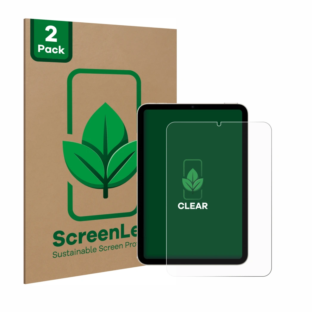 Face avant d’un emballage produit avec le logo de la marque ScreenLeaf. À côté, l’appareil Apple iPad Mini 7 2024 est représen