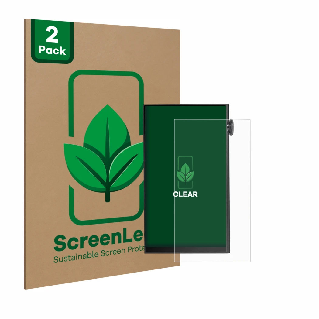 Face avant d’un emballage produit avec le logo de la marque ScreenLeaf. À côté, l’appareil iBasso DX180 est représenté avec la