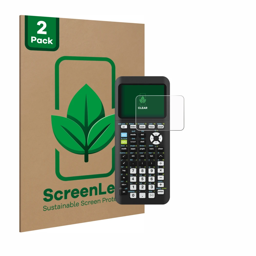 Face avant d’un emballage produit avec le logo de la marque ScreenLeaf. À côté, l’appareil Texas Instruments TI-84 Plus CE-T P