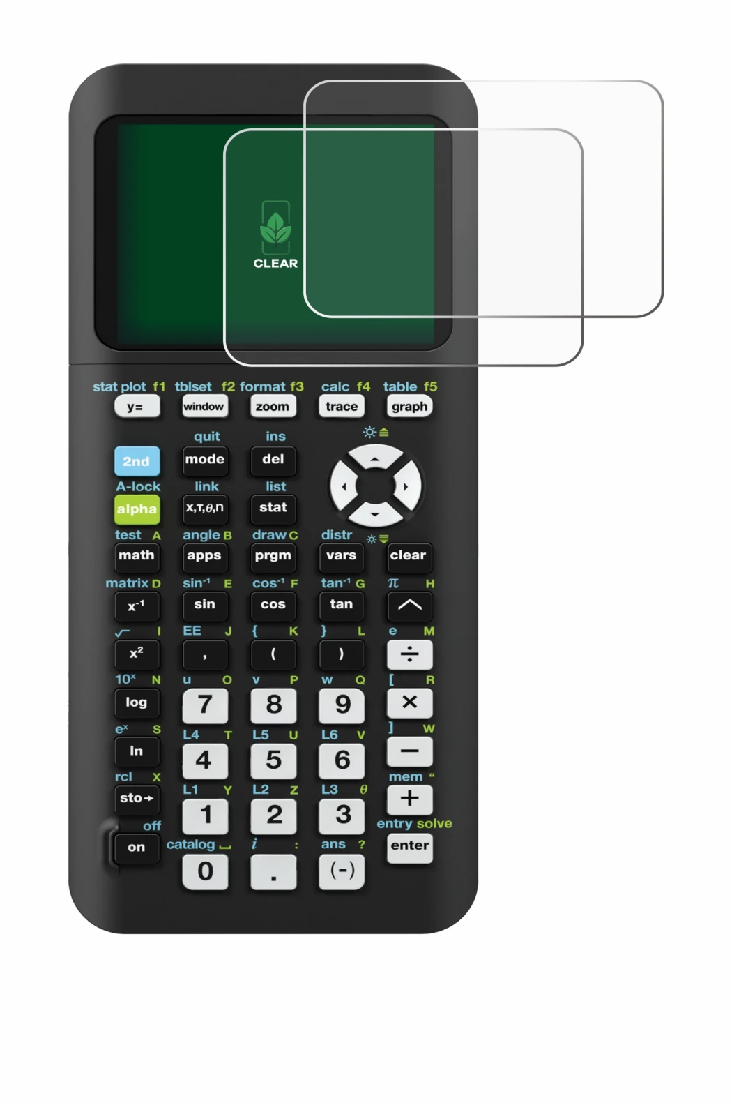Image de l'appareil Texas Instruments TI-84 Plus CE-T Python avec une grande variété de protections d'écran.