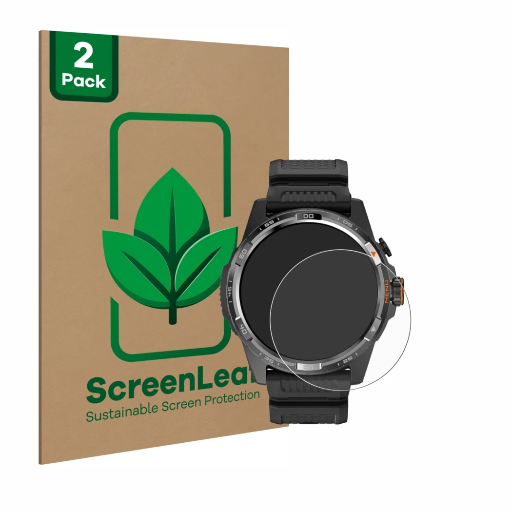 Face avant d’un emballage produit avec le logo de la marque ScreenLeaf. À côté, l’appareil Mobvoi Ticwatch Atlas est représent