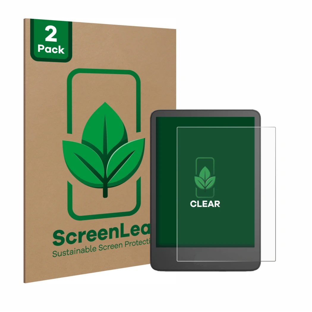 Face avant d’un emballage produit avec le logo de la marque ScreenLeaf. À côté, l’appareil Amazon Kindle 2024 est représenté a